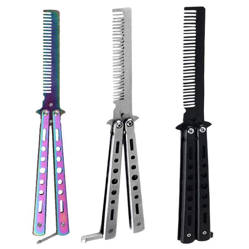 

Hair Brushes Foldable Comb Stainless Steel Practice Training Butterfly Knife Beard Moustache Brushe Salon Hairdressing Styling Tool