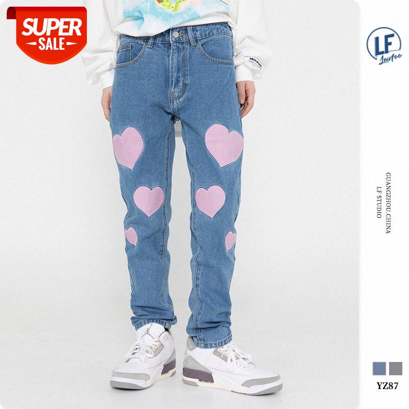 

LawFoo men's pink love stitching jeans casual trousers #Iu05, Black