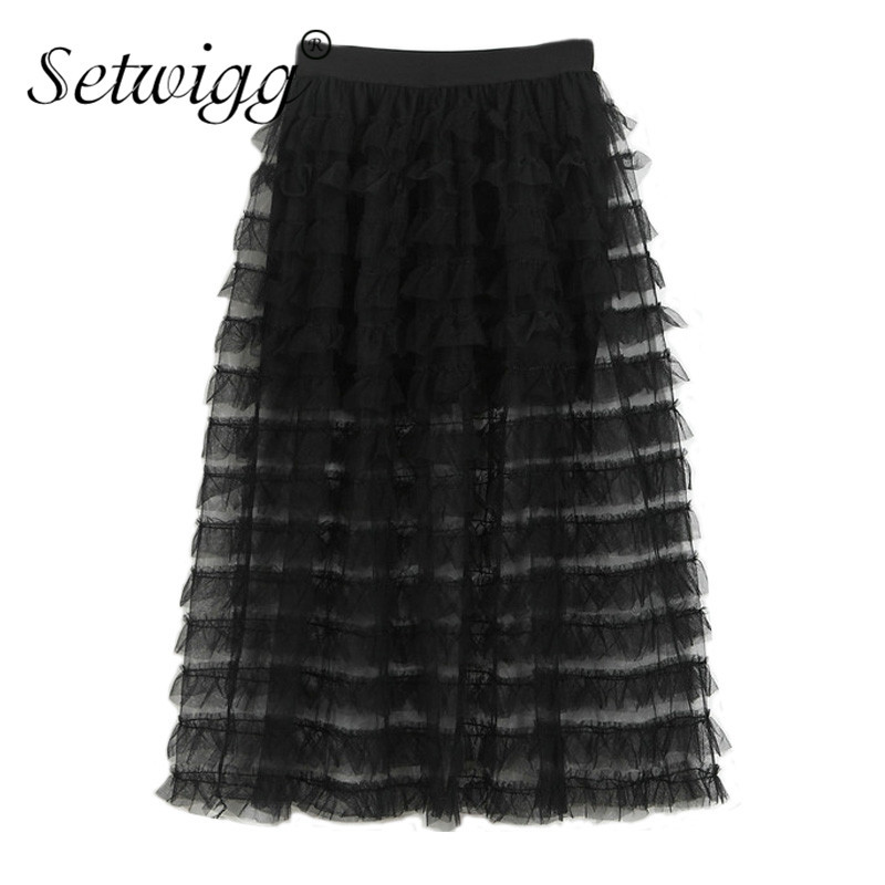 

skirts Summer Flounced Tiered Tulle Perspective Elastic Waist Mesh Patchwork Layers Skorts lined A-line Long Skirts, Black