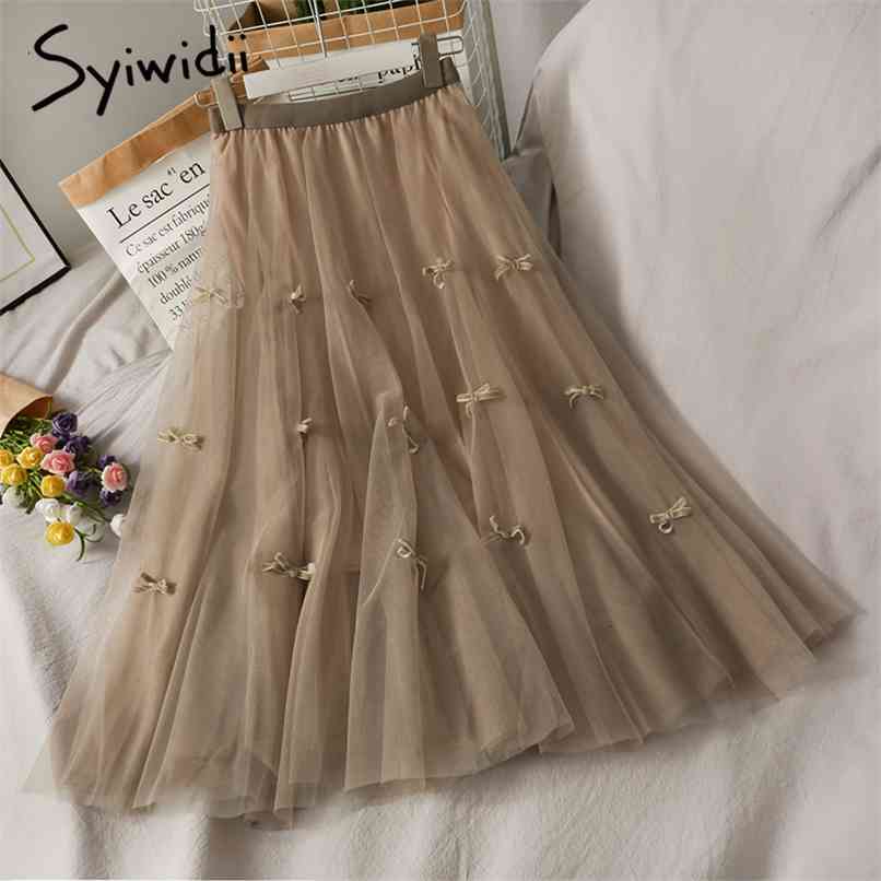 

Bow Skirt Women High Waist Mid-Calf Casual Elastic A-Line Mesh Solid Black Spring Summer Korean Fashion Skirts 210607