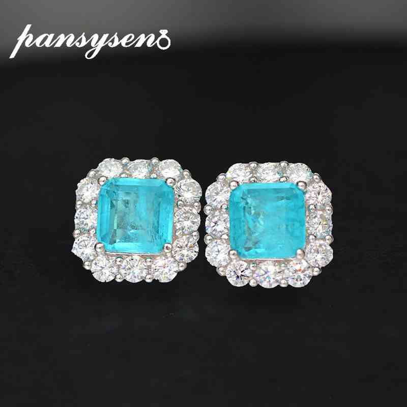 

PANSYSEN 100% Real Silver 925 7MM Paraiba Tourmaline Diamond Stud Earrings for Women Whole Fine Jewelry