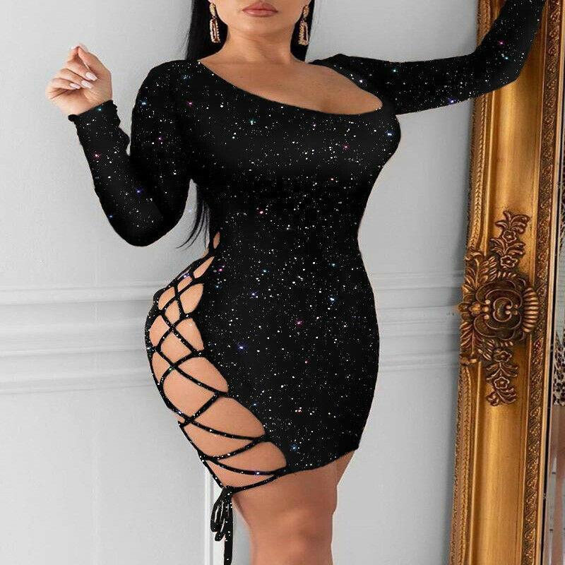 

women dresses spring hollow out shiny flash party dress side tie up bandage bodycon streetwear chic long sleeve mini, Black;gray