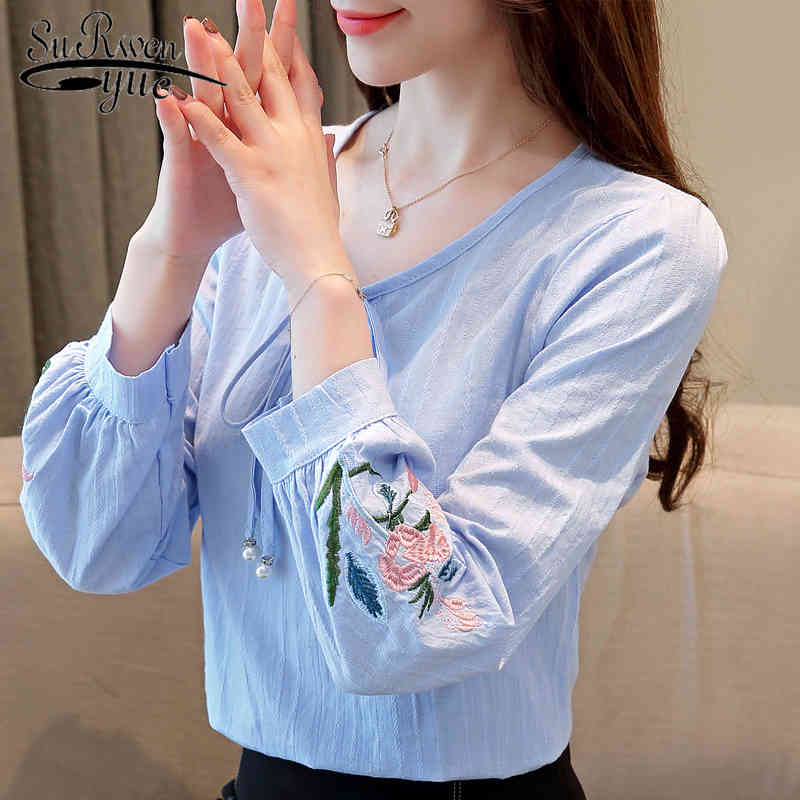 

Fashion embroidered print blouse women long sleeve solid womens tops and blouses loose pullover clothes feminine blusa 1685 50 210521, White