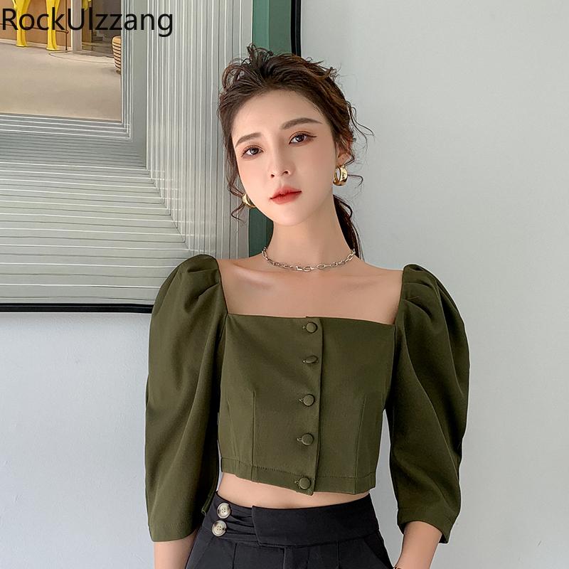 

Women' Blouses & Shirts Summer Button Up Puff Short Sleeve Slim Elegant Green Khaki Shirt Women Fashion Blouse Blusas Crop Top Korean Ladie