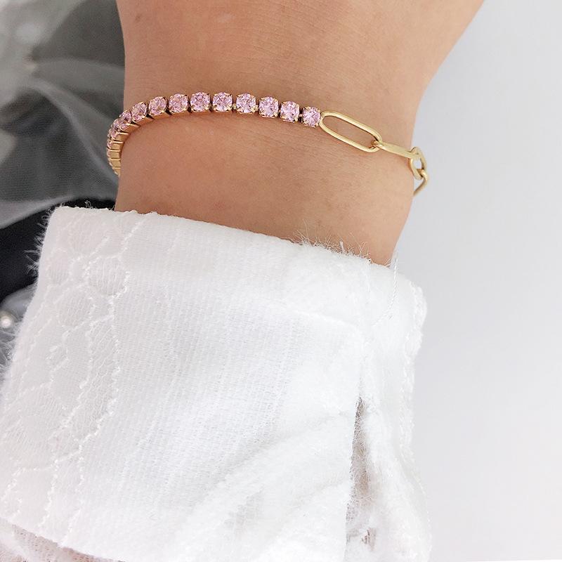 

charm bracelets zj 2022 stainless steel street style rainbow cubic zirconia metal chain mixed splicing minimalist ins bangles, Golden;silver