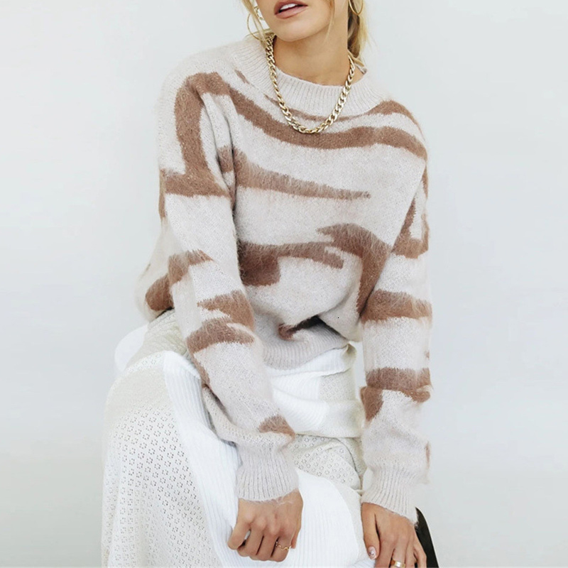 

Women's Sweaters sweater striped khaki on winter release elegant female collar round sleeve long casual knitted 46EY, 1# shoe box