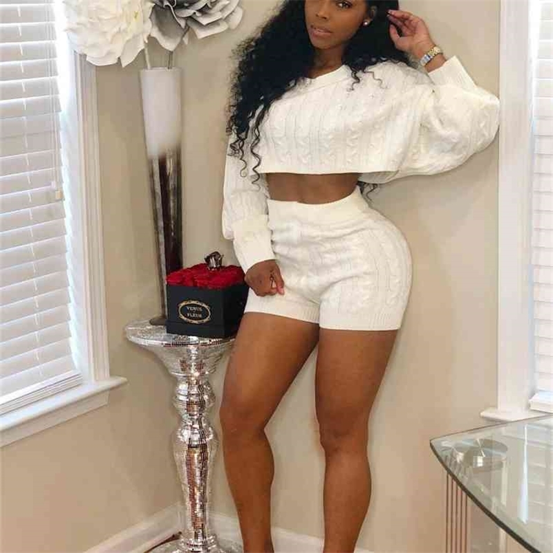 

OMSJ Women Sweater Suit and Sets Casual 2 Pieces Sweaters Shorts Set Female Long Sleeve Pullover Solid Elastic 210517, Gray