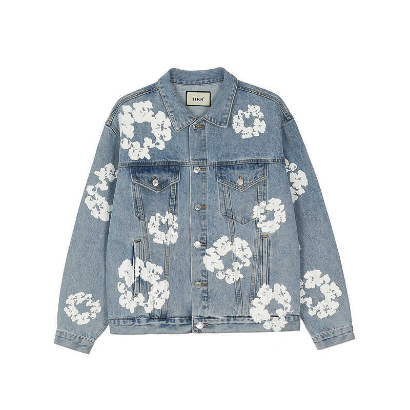

Men's Jackets High street washing heavy industry cotton cloud printed denim jacket, Light blue