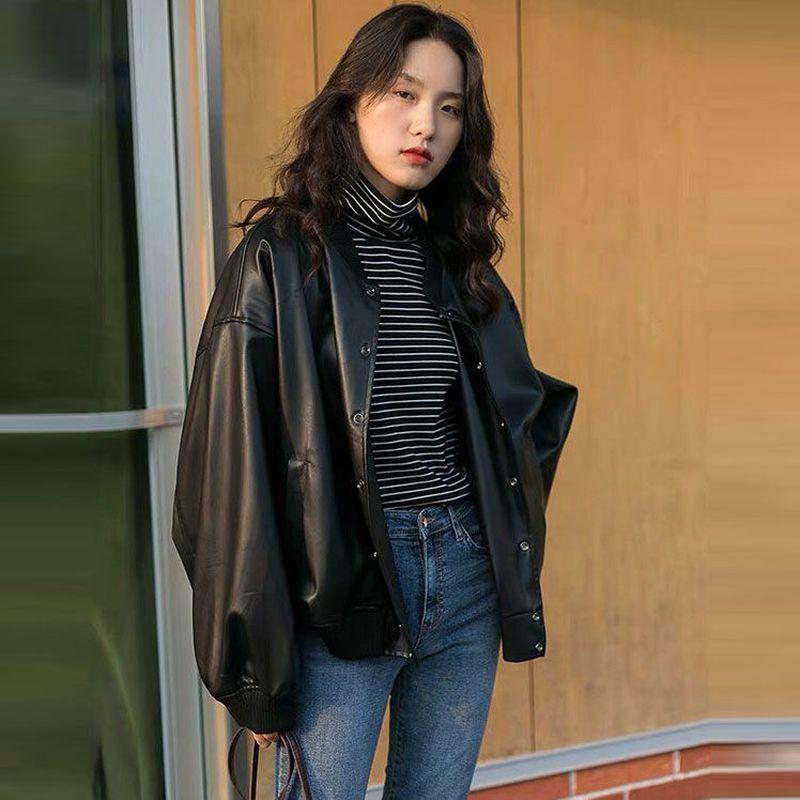 

Women's Jackets Leather Women Print Ladies Coats Fashion Autumn Lapel Black High Street Motorcycle Jacket Loose Woman Clothes, Black;brown