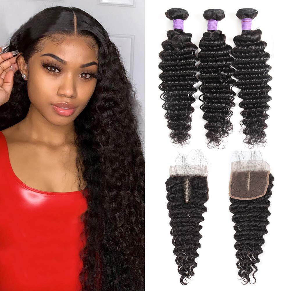 

Brazilian Deep Wave Curly Human Hair Weaves 3 Bundles With 4x4 Lace Closure Bleach Knots Closures, Deep wave with closure