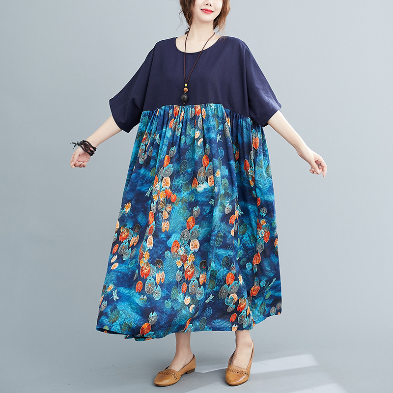 

Johnature Women Navy blue Autumn Patchwork Color Dress O-Neck Half Sleeve Print Floral Female Vintage Loose Clothes Casual Dress 210521