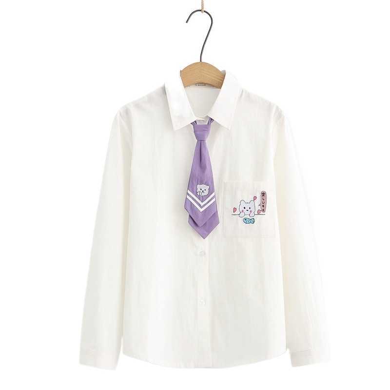 

Women Cartoon Bear Embroidery Pocket Shirts with Tie Summer Sweet Style Long Sleeve Turndown Collar Ladeis Basic Cotton Top 210526, White