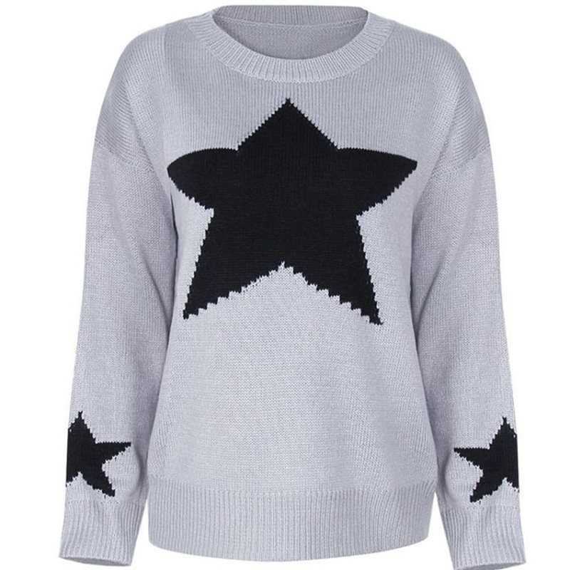 

Star Embroidery Casual Knitted Women Sweaters Summer Vintage Full Sleeve O-neck Oversize Pullover Jumpers Ladies Soft Tops 210526, White