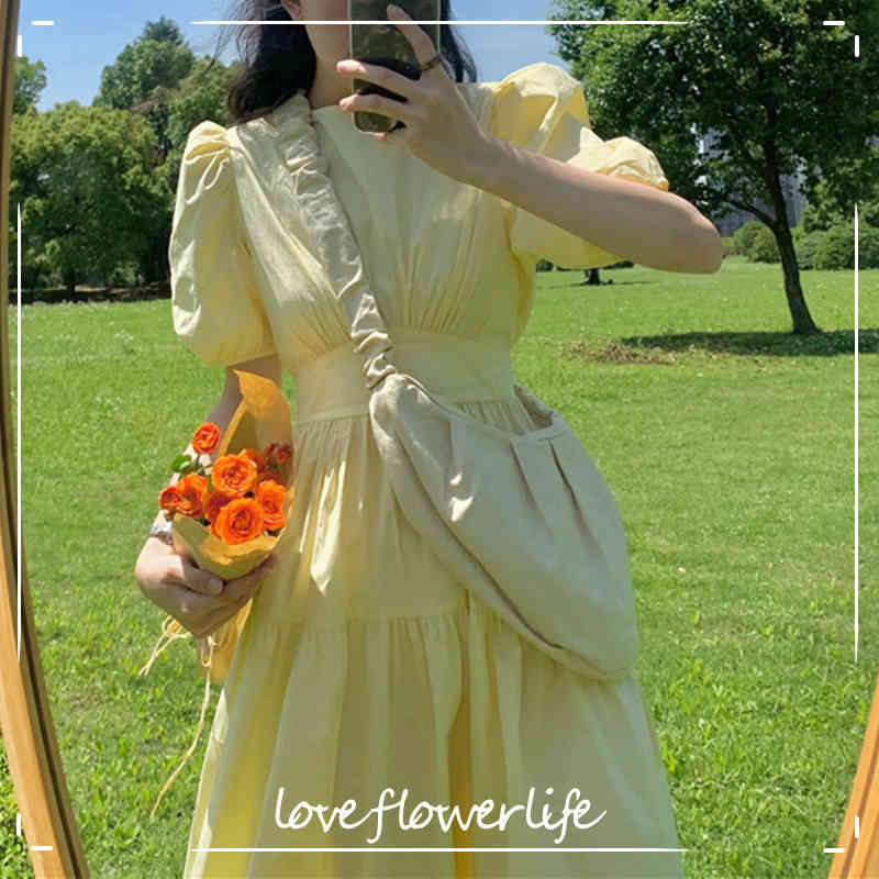 

Solid Elegant Dress Women Puff Sleeve Midi Thin Dress Beach Party Females Dress Korean Office Lady Summer Kawaii 210521, Black