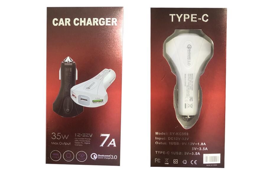 

Car charger 3 Port Quick charging 7A 35W Type c PD Hammer Safety QC3.0 Fast car Charger for samsung with retail box