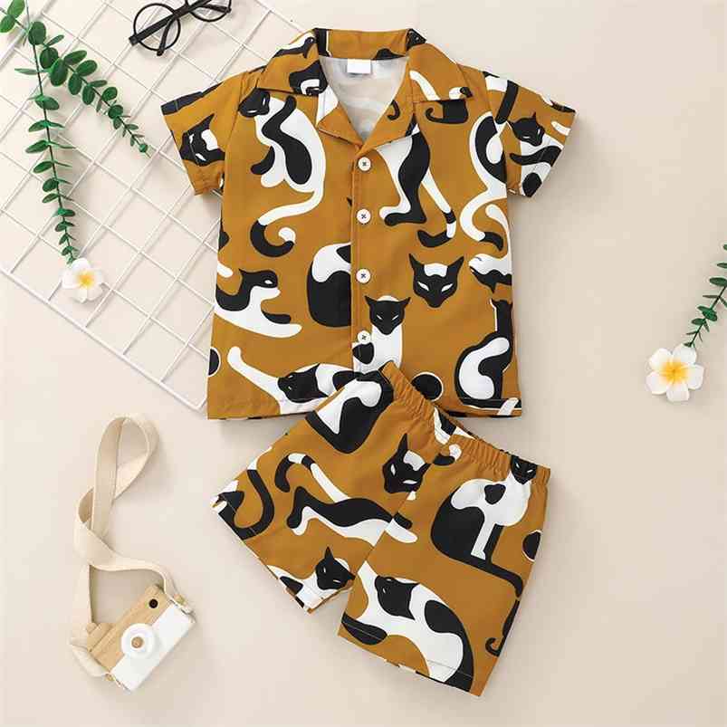 

Summer Children Sets Casual Short Sleeve Single Breasted T-Shirt Print Shorts Cute 2Pcs Girls Clothes 18M-6T 210629, Brown