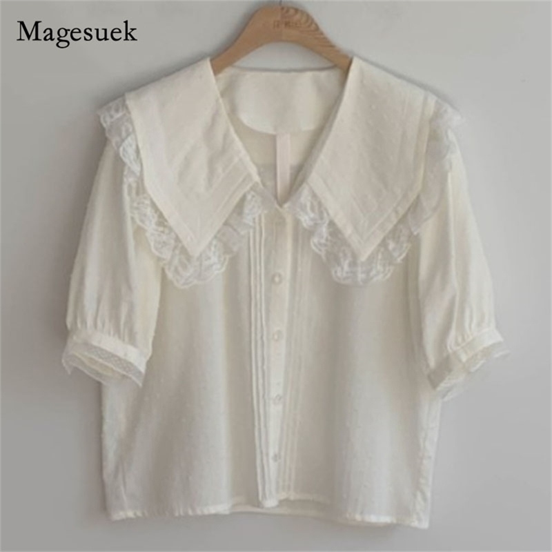 

Summer Lace Lapel Loose Shirt Chic Short Bubble Sleeve Women Blouse with Sweet for Girl Patchwork Top 13744 210518, Beige