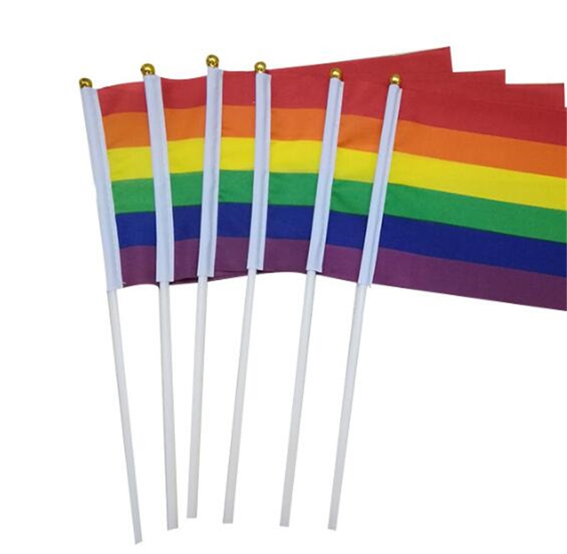 

Rainbow Gay Pride Stick Flag With Flagpole 5x8 Inch Hand Flag Waving Banner Handhold Using Gold Top Rainbow Gay Pride Flag 1394 V2