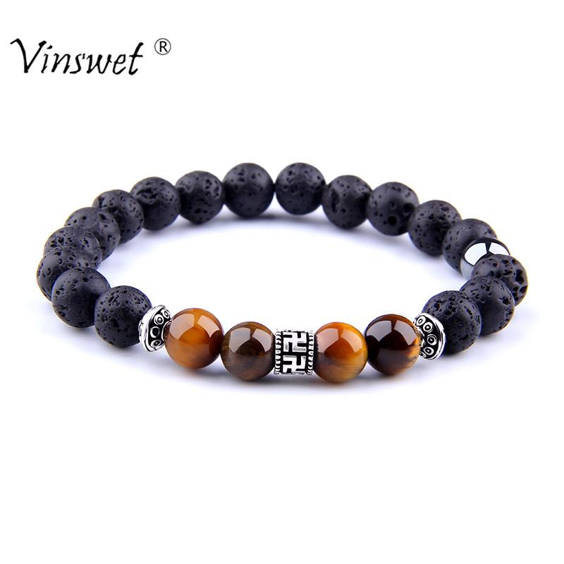 

Beaded, Strands Lava Stone Natural Tiger Eye Beads Strand Bracelet Men Fashion Elastic Rope Chain Charm For Women Pulseras Mujer, Black