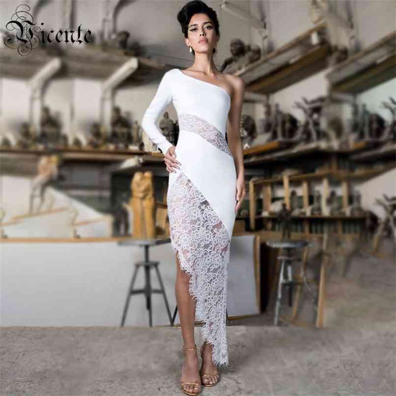 

Free White Asymmtrical Dress Sexy One Shoulder Bodycon Lace Patchwork Celebrity Party Bandage Vestidos 210520