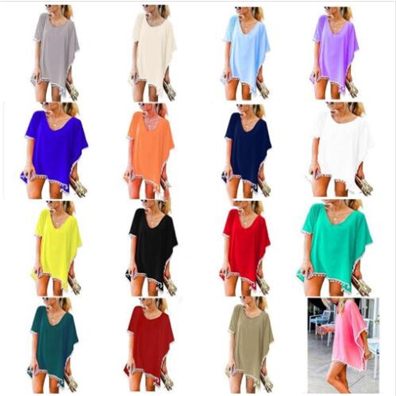 

swimwear women beach smock tassel beach dresses chiffon summer t-shirt fashion casual dress short sleeve mini dress sun-proof blouse b5256, White;black