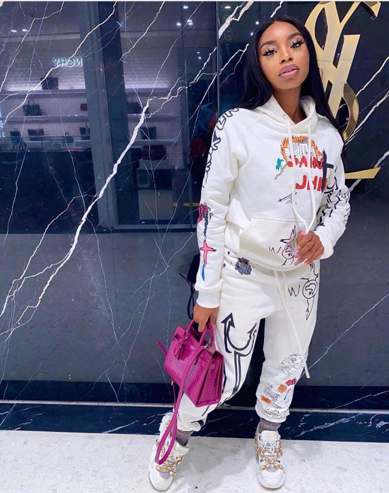 

Tracksuits Graffiti Streetwear Two 2 Piece Set Womens Tracksuit Female White Black Hoodies Pants Women Matching Sets Outfits Sweatsuit 2XL
