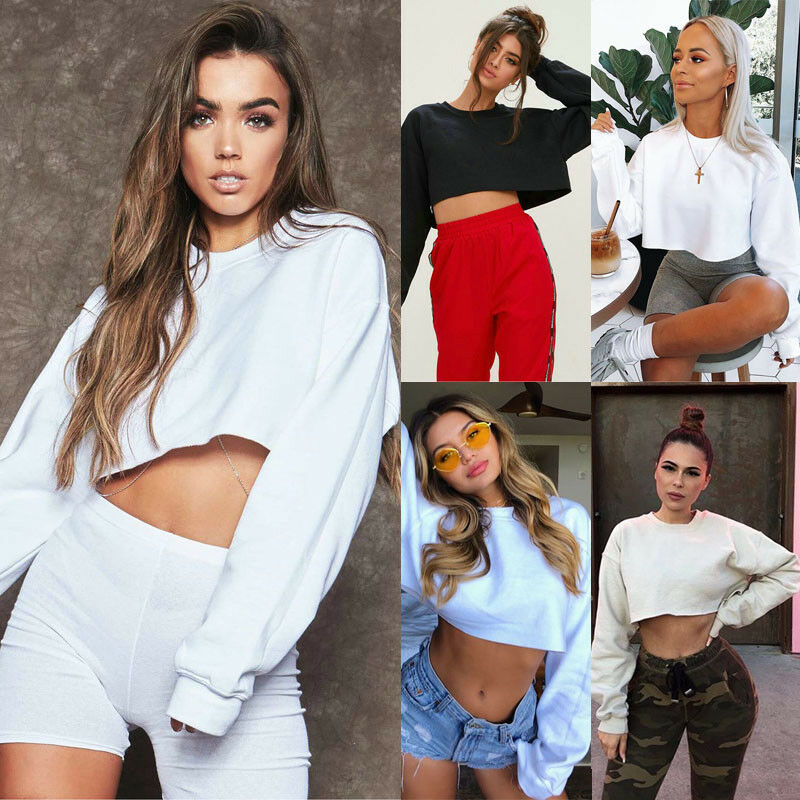 

Womens Lady Casual Long Sleeve Sweatshirt Jumper Crop Top Pullover Coat Solid color O Neck Tops, Black