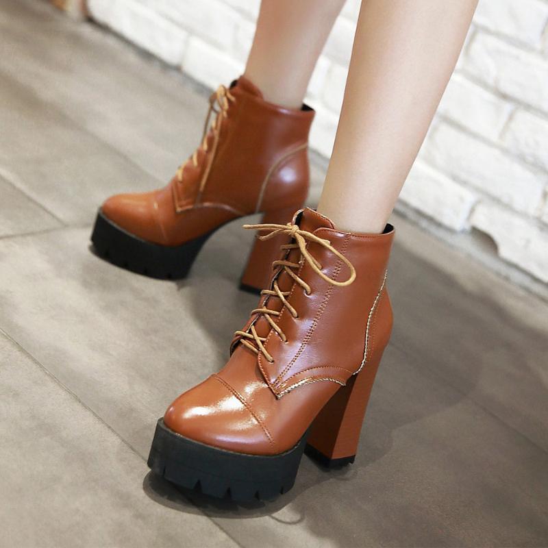 

Dress Shoes Autumn And Winter 2021 Fashion Round Head Waterproof Trolley Sewing Lace Up Thick High-heeled Women's Short Boots, Black