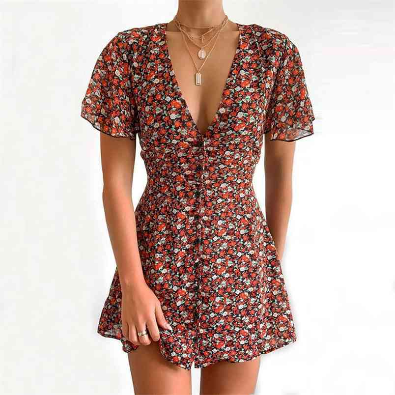 

Fashionable Summer Floral Print Deep V-neck Single-breasted Short-sleeved Slim Ladies Chiffon Dress Female High Waist Mini 210517, Printing
