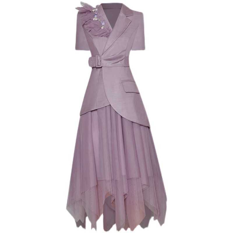 

HIGH QUALITY est Designer Runway Suit Set Women' Short Sleeve Asymmetrical Blazer Jacket Gauze Skirt 210526, Black