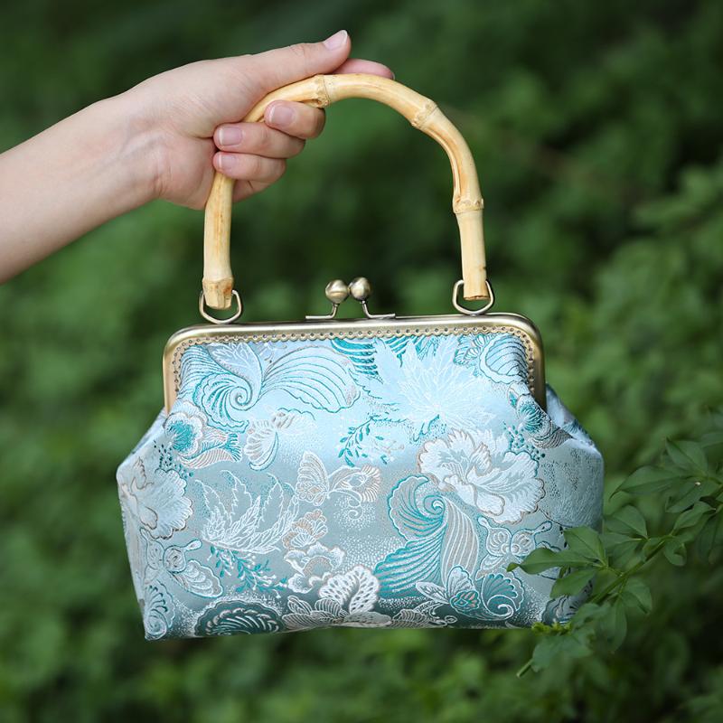 

Evening Bags Luxury Bamboo Handle Women Embroidery Silk Handbags Shoulder Messenger Bag Wallets Clutch Purse Billfold Butterfly, Sky blue