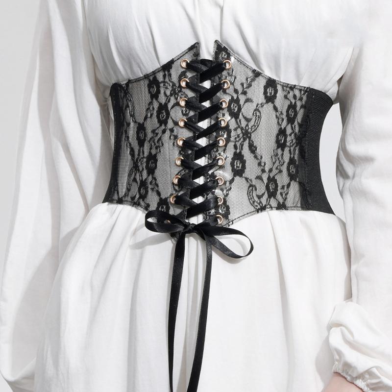 

Belts Fashion Wild Lace Tie-up Corset Underbust Belt Women Aesthetic White Pink Black Elastic Wide Waistband Gaine Amincissante Femme, Black;brown