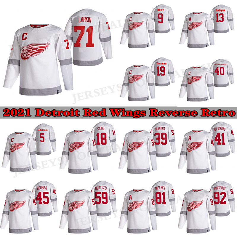 

Detroit Red Wings Jersey 2021 Reverse Retro 71 Dylan Larkin 9 Gordie Howe 13 Pavel Datsyuk 40 Henrik Zetterberg 19 Steve Yzerman hockey jerseys, White retro