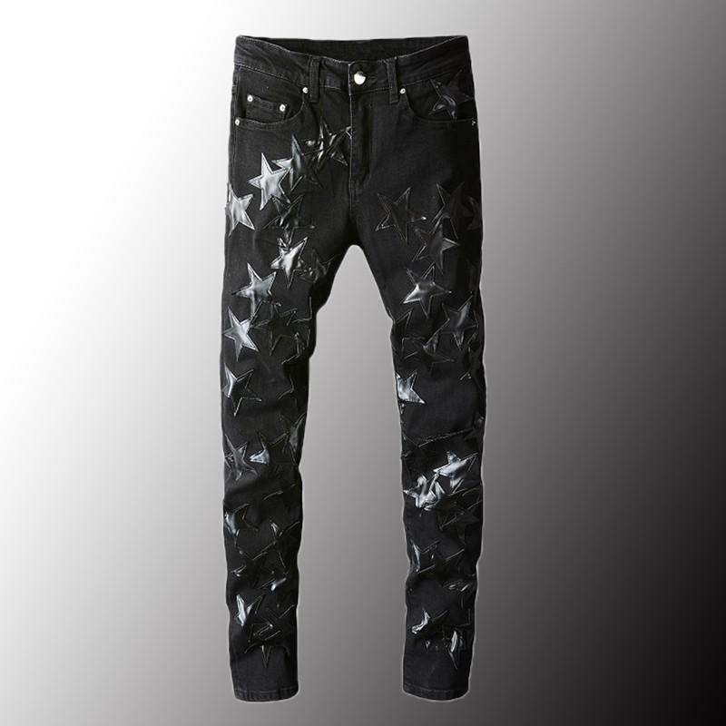 

Men's Jeans Luxury Mens Leather Stars Patch Black Stretch Denim Pencil Pants Slim Skinny Patchwork Trousers Plus Size 40