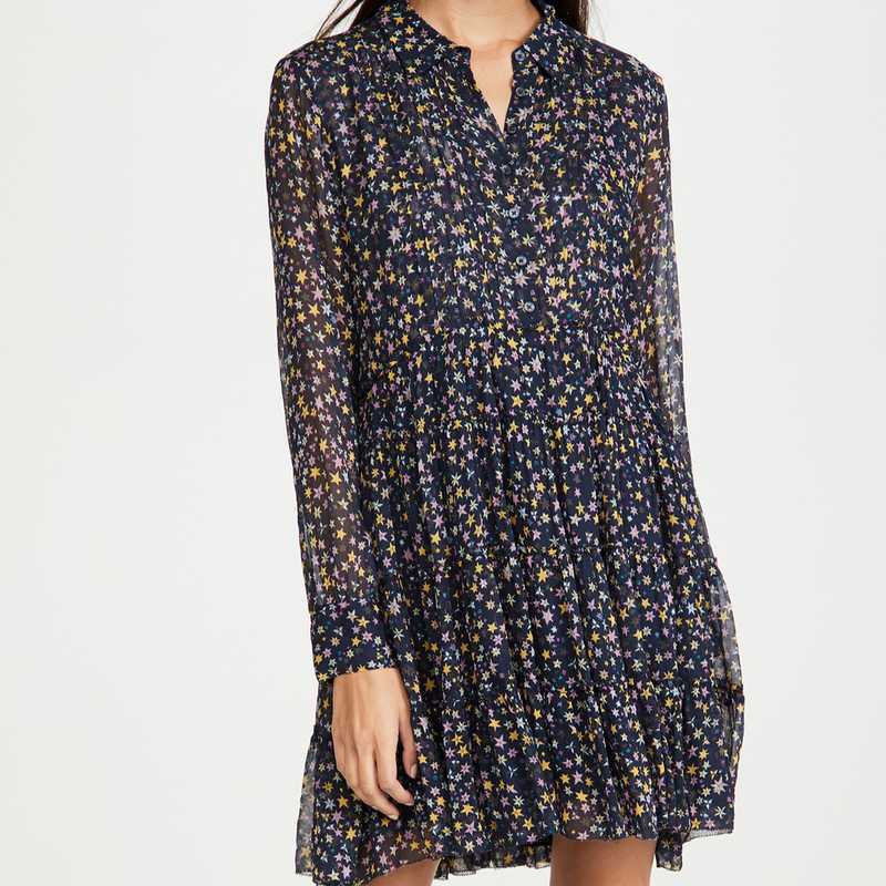 

Star Print Loose Folds Short Dress Women Long Sleeve Single Breasted Casual Vestido Spring Fashion French Femme Robe 13A198 210525, Dark blue