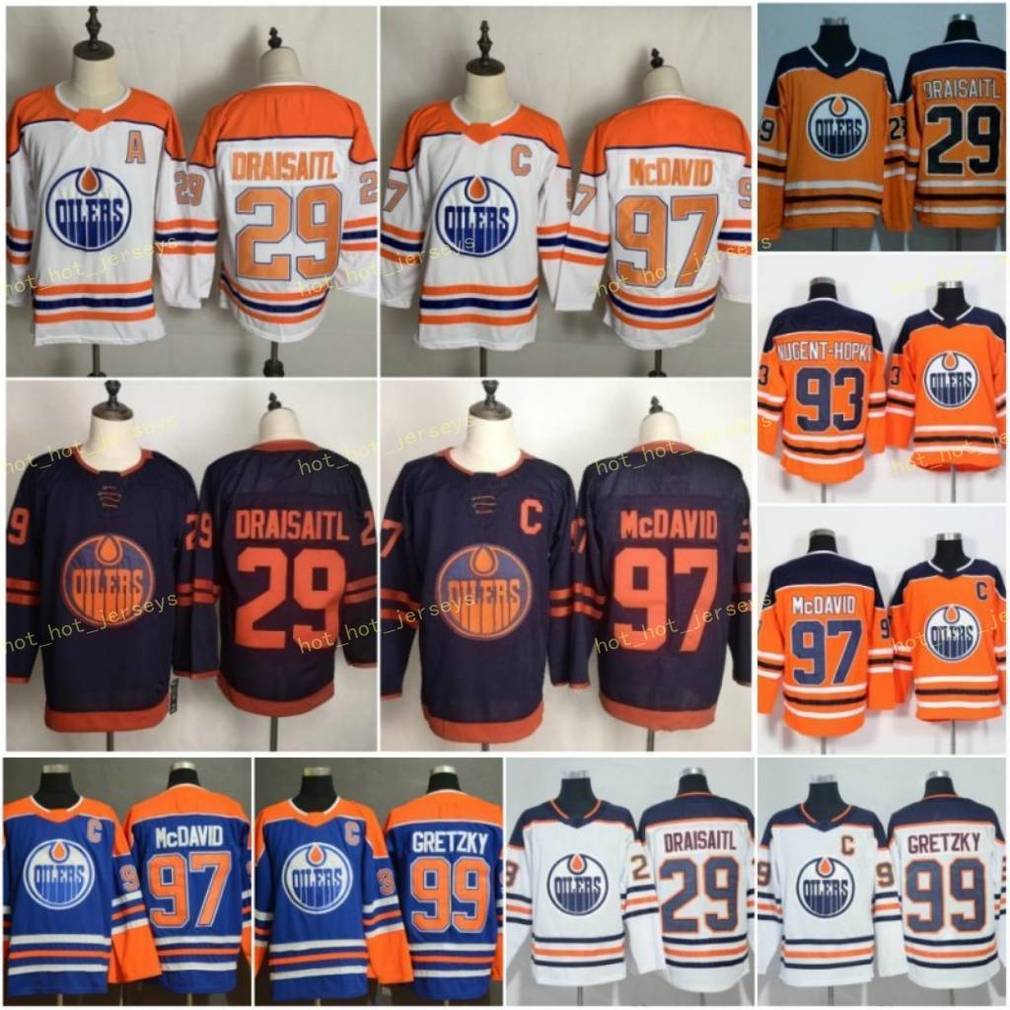 

2021 Reverse Retro White Edmonton Oilers 97 Connor McDavid 29 Leon Draisaitl 99 Wayne Gretzky 93 Ryan Nugent Hopkins 74 Ethan Bear Third, Black;red