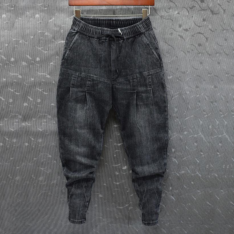 

fashion men`s denim harem women pant joggers patchwork ankle cuffed slim fit elastic waist drawstring street hip hop pants for, Black