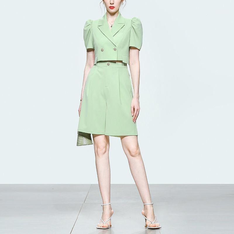 

Women' Tracksuits Summer Light Green Fashion Two-Piece Sets Puff Sleeve Top Short Pants Female Suits, Pink