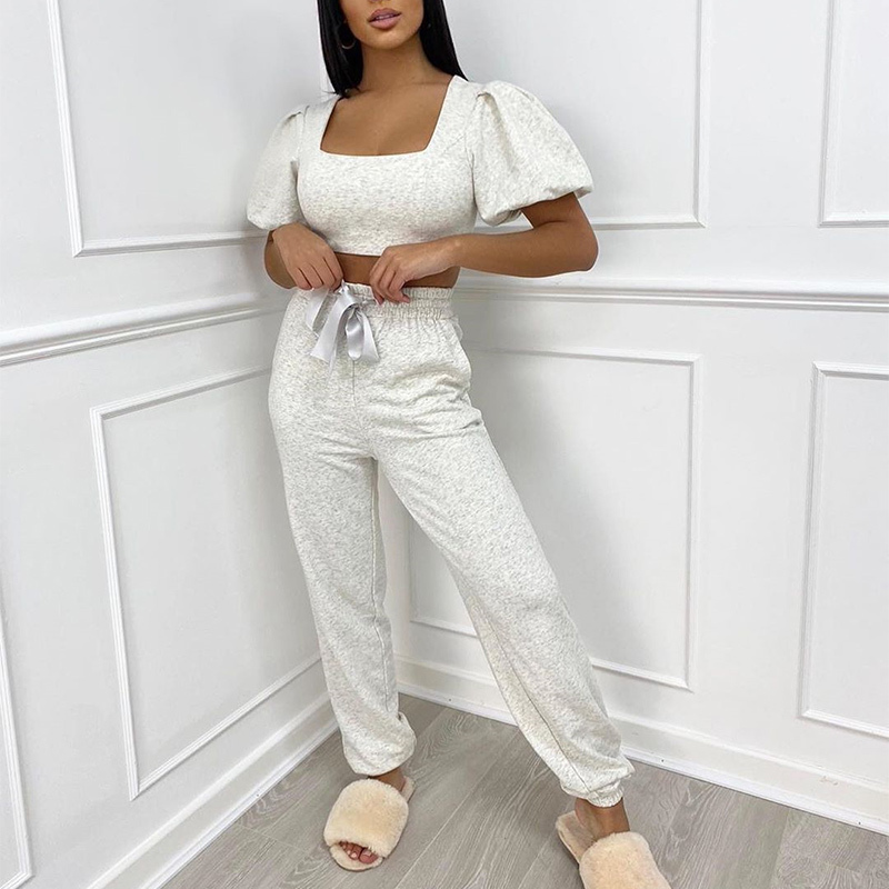 

Women Panst Set Solid Short Puff Sleeve Ladies Tracksuits Square Collar Crop Tops And Trousers Summer Fashion Casual Sportswear 210518, Black