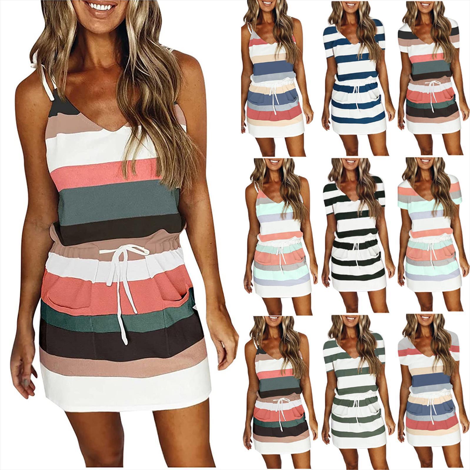 

color blocking tie summer casual women dress v neck sleeveless bandage stripe print loose vest suspender, Black;gray