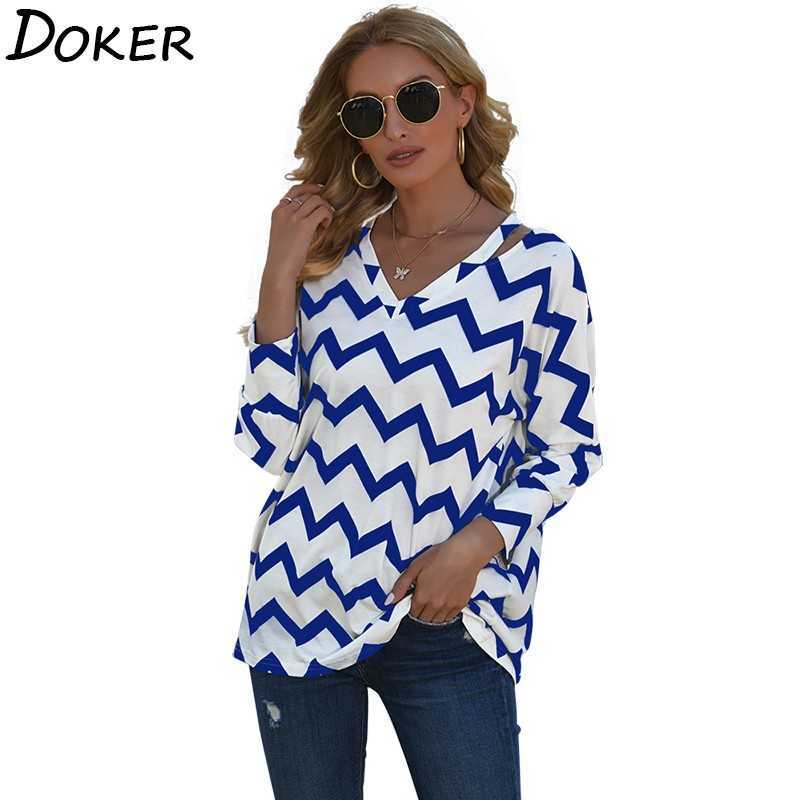 

Striped Print T Shirts For Women Clothes Fashion V Neck Long Sleeve Casual Tee Shirt Female Loose Oversized Tops Ropa Mujer 210603, Red