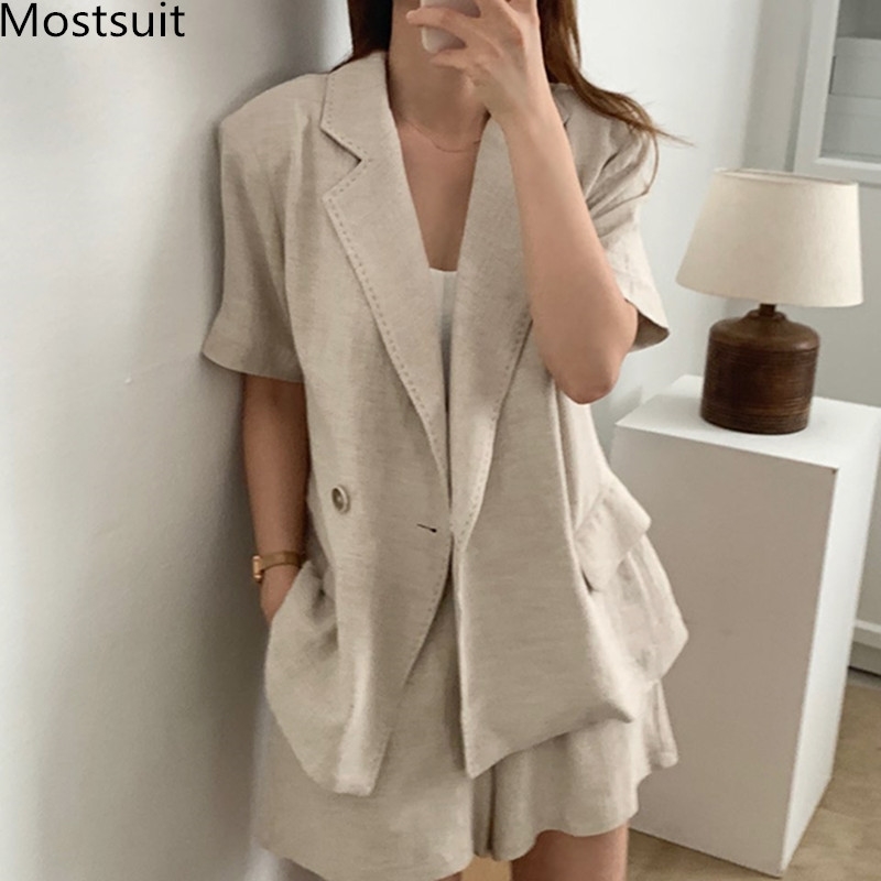 

Summer Korean Casual Two Piece Suit Sets Women Short Sleeve Blazer + Shorts Outfits Fashion Female 2 Femme 210518, Apricot