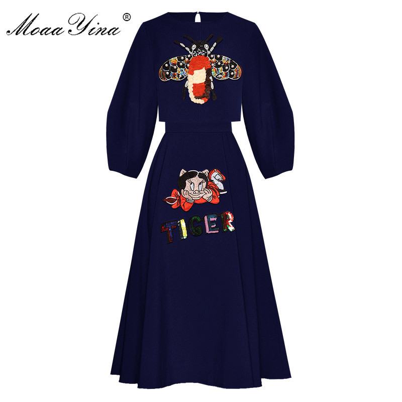 

Fashion Designer Suit Spring Autumn Women Lantern sleeve insect Embroidery Sequin Short Tops+Skirt Two-piece set 210524, Red