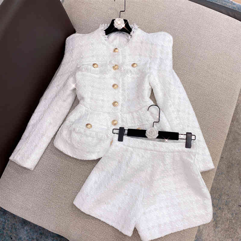 

Women's Tracksuits Designer Runway Suit Set Gold Buttons Tweed Jacket Shorts 3W12, White
