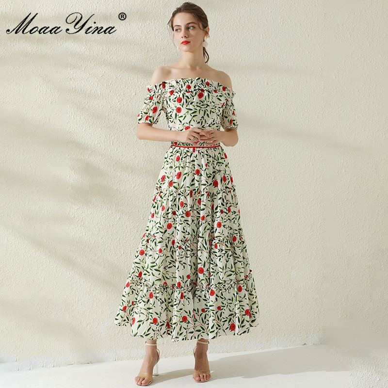 

Fashion Designer Summer Skirts Suit Women Slash neck Short Tops and High waist floral print Midi 2 Pieces Set 210524, Mixed color