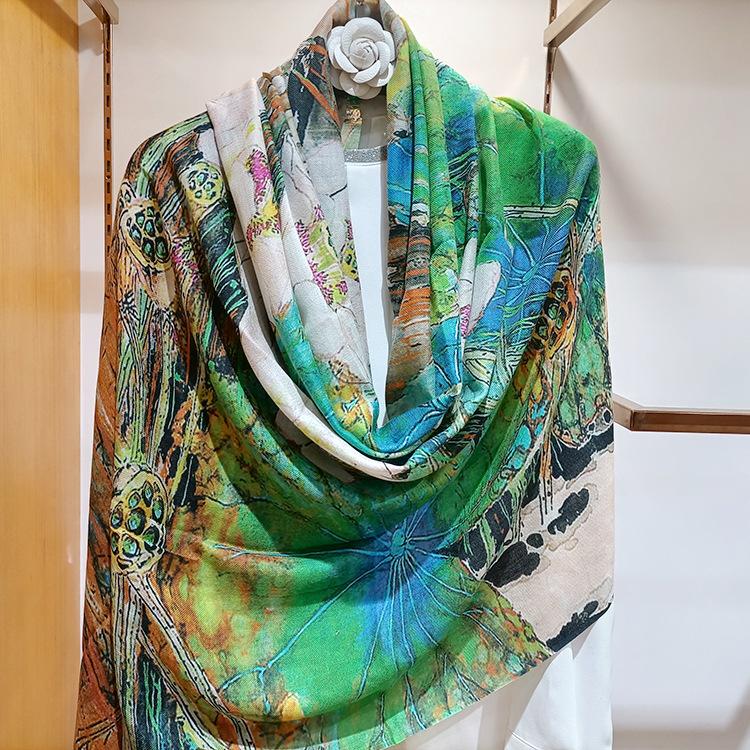 

Scarves Color Lotus Cashmere Long Scarf High-end Oil Painting Autumn Winter Warm Shawl Fringed Dual-use Ladies