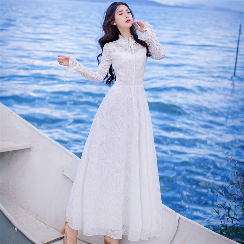 

High Quality Explosions Leisure Vintage Elegant Dresses women Embroidery Lace grace fullSleeve Spring summer Party Dress, Black;gray