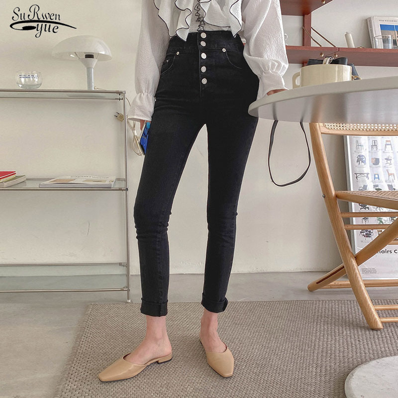 

Autumn Black Tight Trousers Jeans Women's Korean-Style One-Breasted High-Waist Slim-Looking Skinny Pants Pantalon 11570 210521