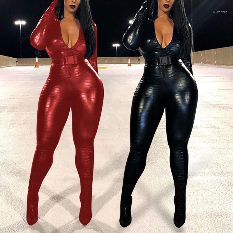 

Women' Jumpsuits & Rompers Women Jumpsuit Fashion Slim Solid Print Patent Leather Sexy Long Sleeve Set Female Uniform Bodysuit