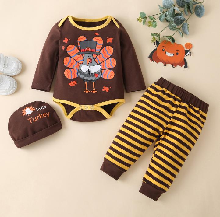 

Clothing Sets Arrival Infant Baby Boy Clothes Set Brown Long Sleeve Round Collar Romper + Stripe Pants Caps 0-18 Months